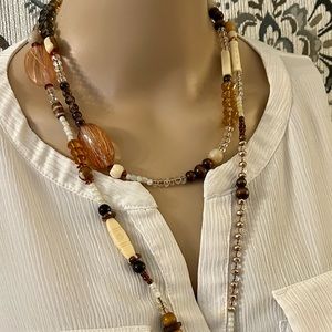 Unique, handmade, versatile mixed media beaded necklace; neutral tones. NWOT